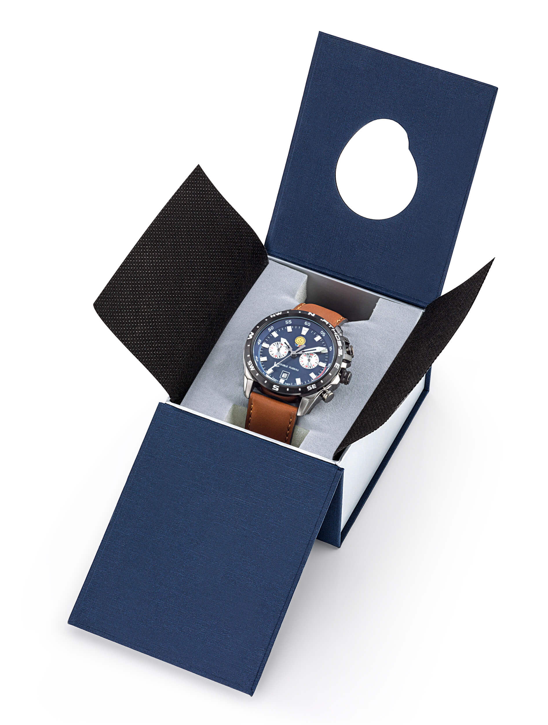 Coffret Montre Aviateur Patrouille de France Double Fuseau Cadran Bleu Cuir Marron Athos3 A3-100IG-668112