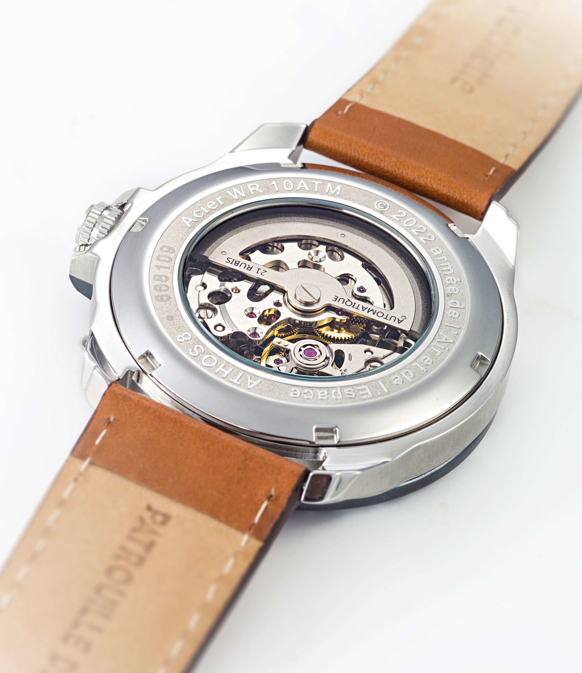 Dos Montre Aviateur Patrouille de France Automatique Cadran Bleu Cuir Marron Athos8 A8-100ED-668109