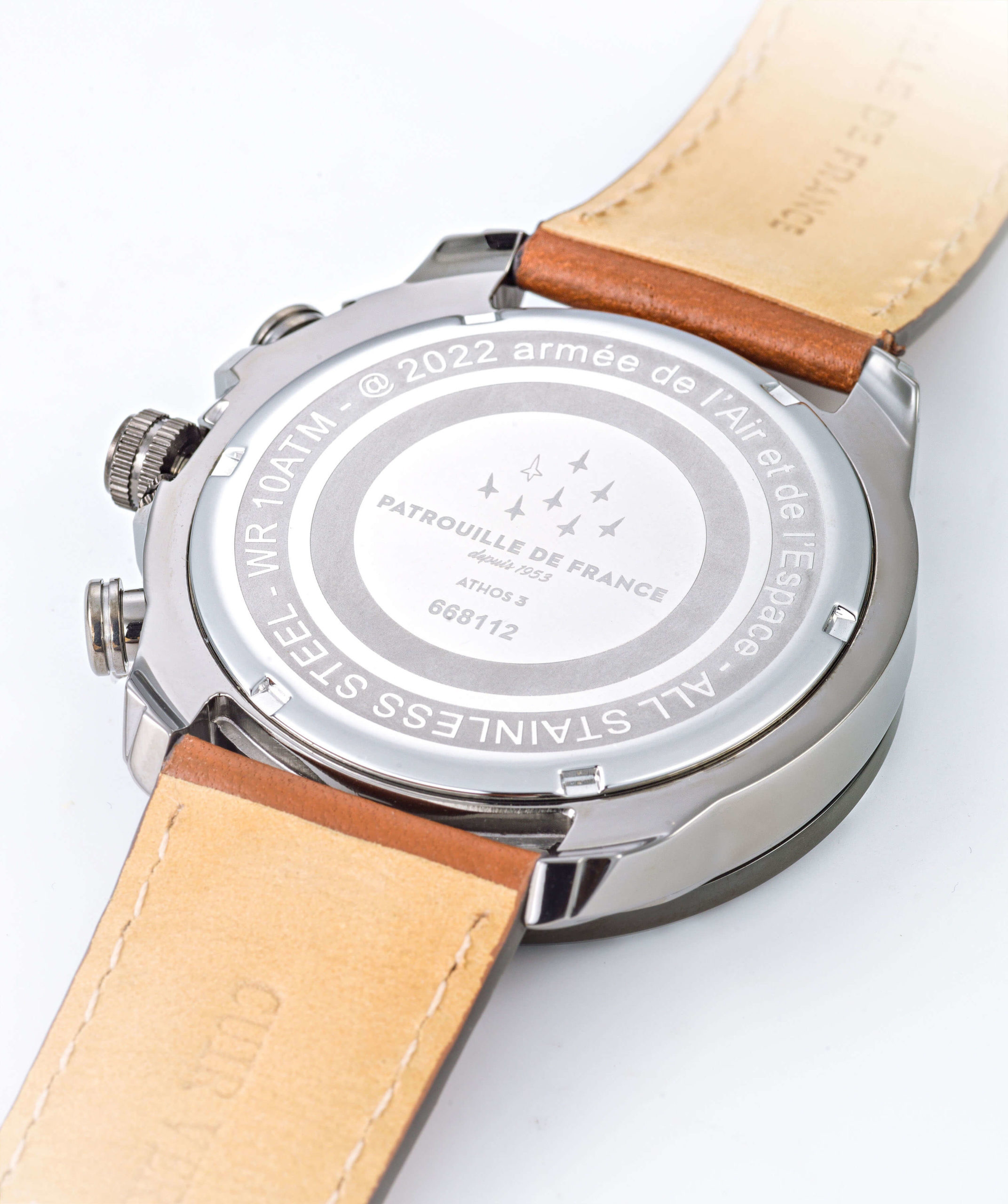 Dos Montre Aviateur Patrouille de France Double Fuseau Cadran Bleu Cuir Marron Athos3 A3-100IG-668112