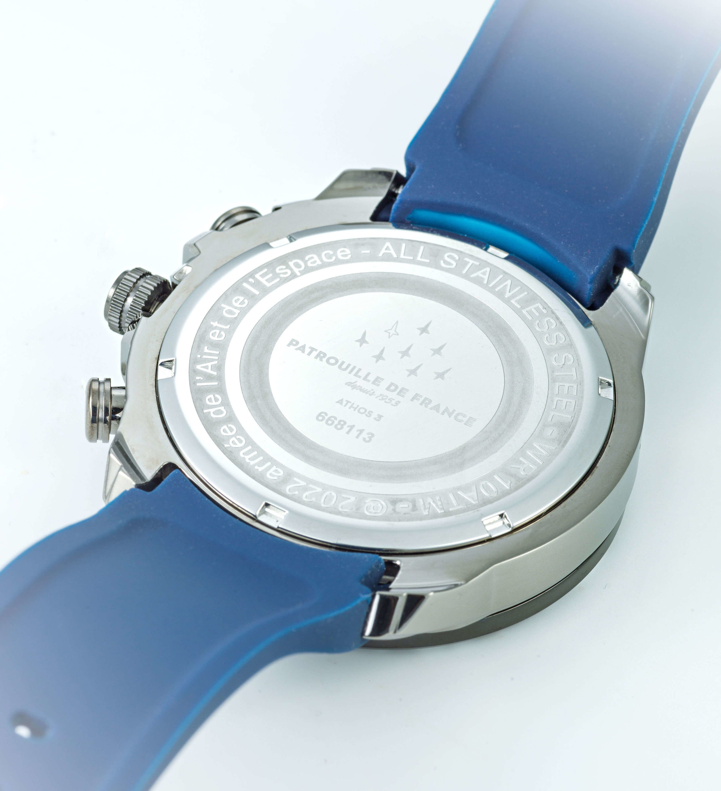 Dos Montre Aviateur Patrouille de France Double Fuseau Cadran Bleu Silicone Bleu Athos3 A3-100IG-668113