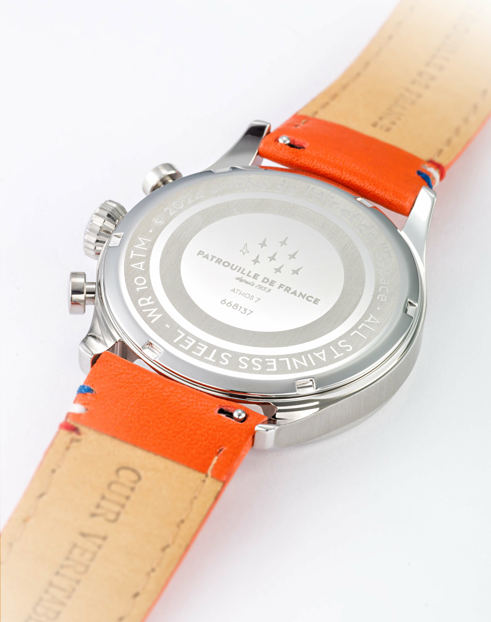 Dos-Montre-Aviateur-Patrouille-de-France-Chronographe-Cadran-bleu-Cuir-Orange-668137