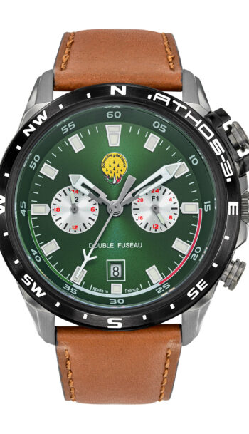 Montre Double Fuseau Cadran Vert Bracelet Marron A3-100IG-668158